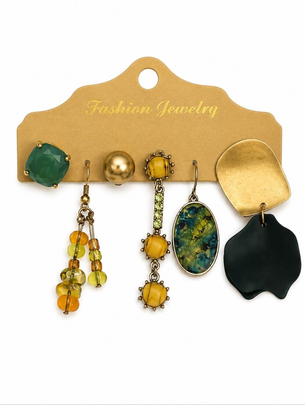 Vintage Set Of Six Single Whimsical Green Dangle and Post Earrings